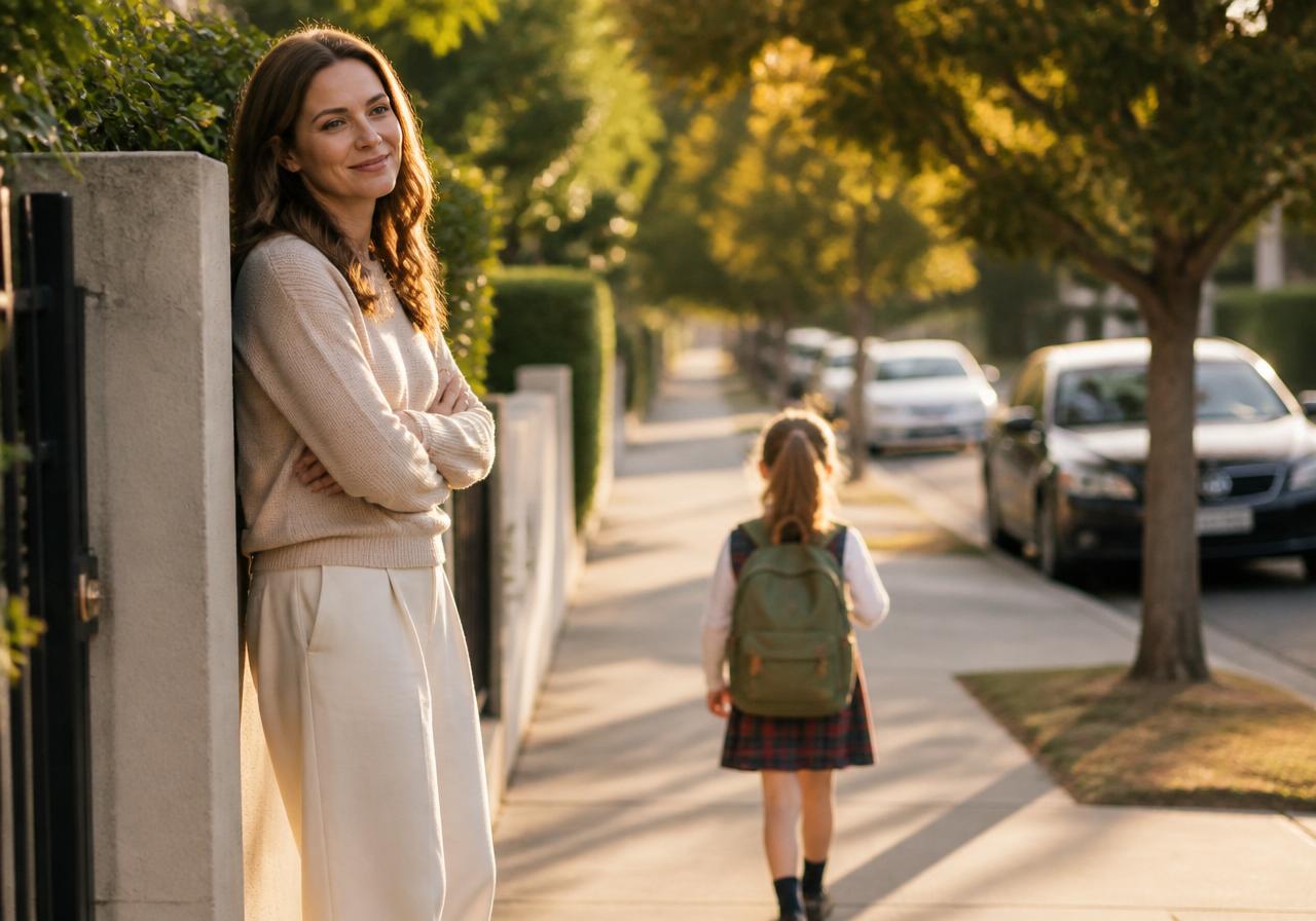 A calm parent walking their child to school on a soft morning