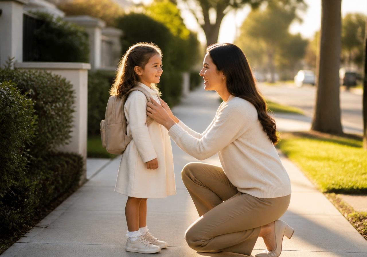 A calm parent walking their child to school on a soft morning