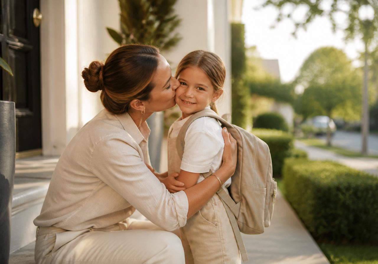 A calm parent walking their child to school on a soft morning