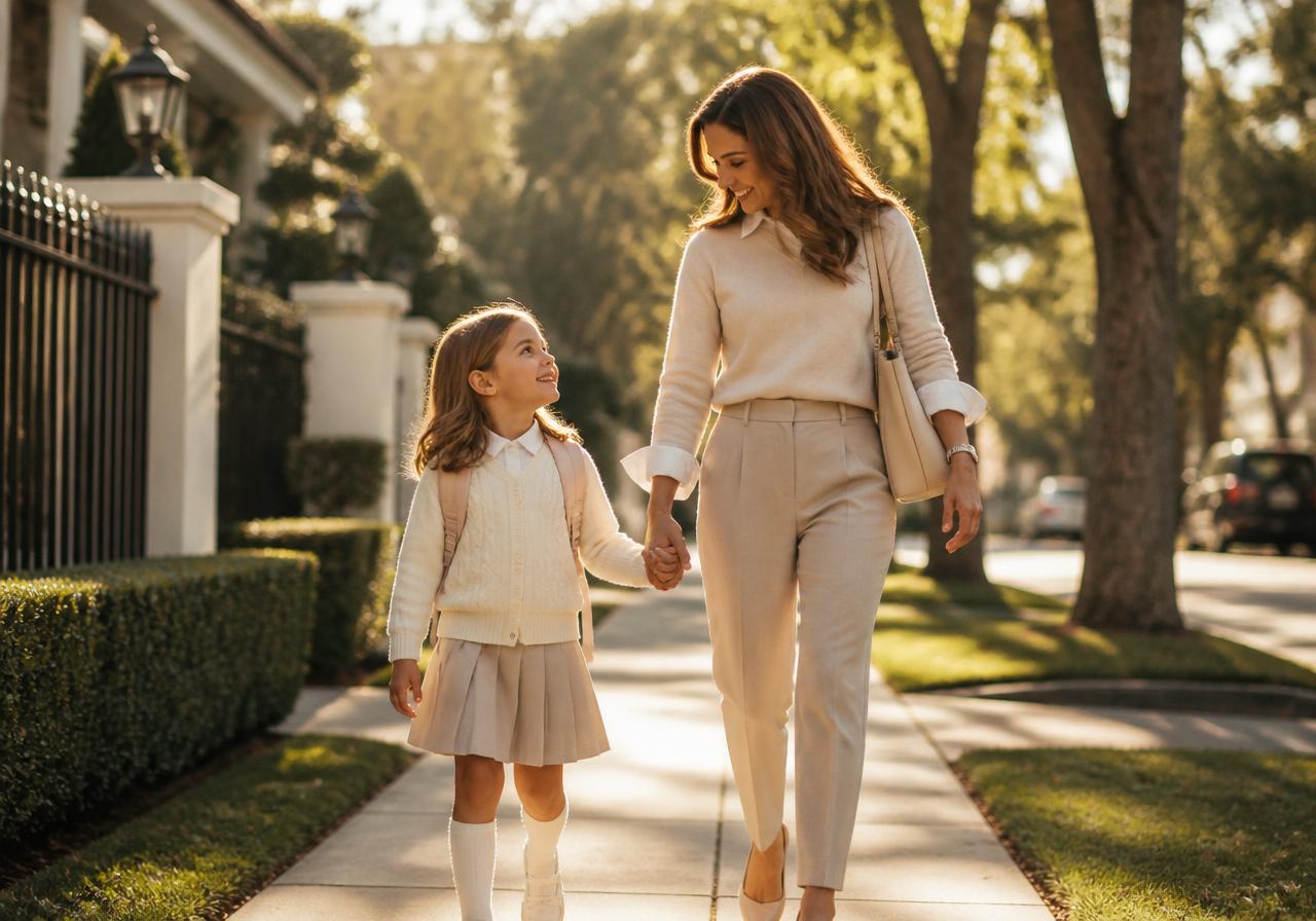 A calm parent walking their child to school on a soft morning